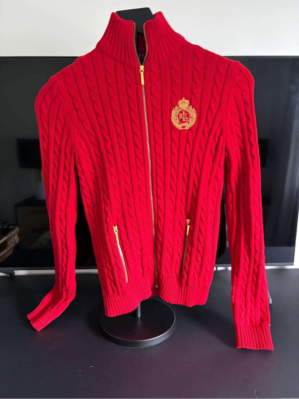Lauren Ralph Lauren Red Cable-Knit Zip Turtleneck Sweater